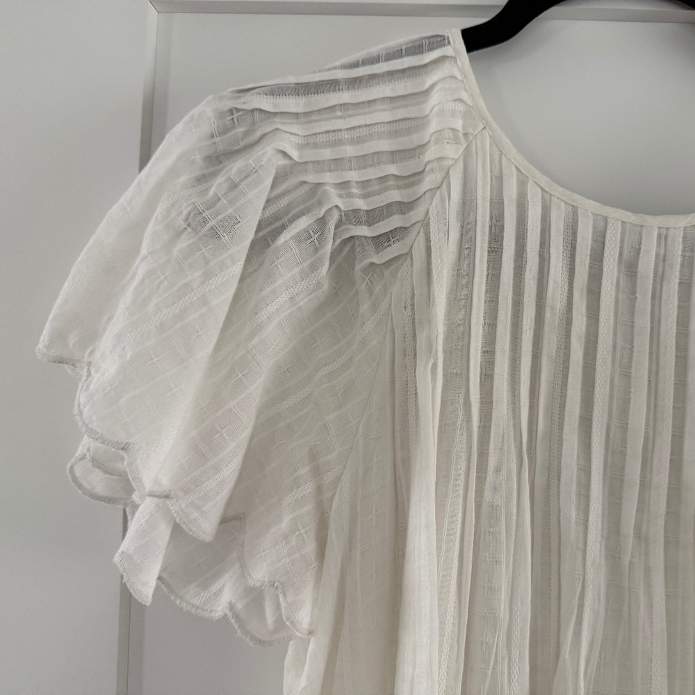 Mirth | white Pintuck dress, scallop sleeves, button detail and sash